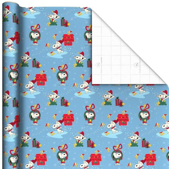 Hallmark Wrapping Paper Christmas Peanuts Snoopy Woodstock Blue 70 sq ft Jumbo - Picture 2 of 7